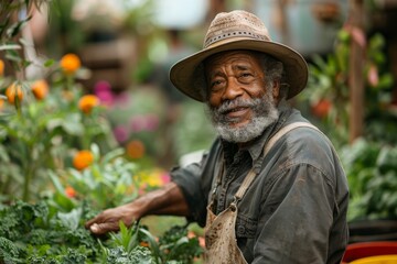 A joyful elderly man works in his lush garden, tending to plants with a smile, wearing a weathered hat and apron