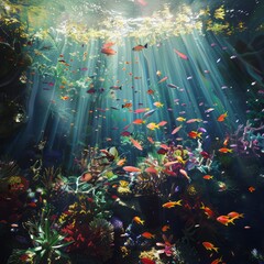 A vibrant coral reef teeming with colorful fish, sunlight filtering through the water creating playful shadows on its surface. The image uses focus stacking to create a hyper realistic