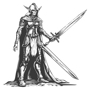 elf warrior with sword images using Old engraving style