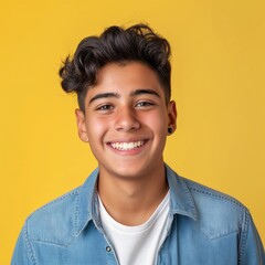 Radiant Hispanic teenager with a cheerful smile, sporting a yellow t-shirt, set against a matching vibrant yellow background — a portrait of youthful optimism and style. - obrazy, fototapety, plakaty
