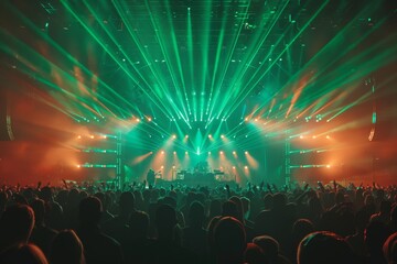 A music concert with green laser beams crossing over the crowd, creating a futuristic and exciting...