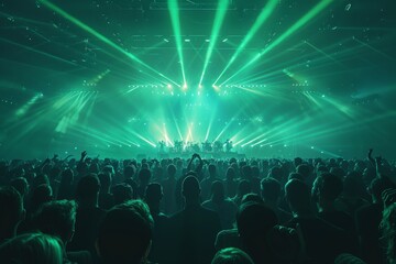 A live concert scene with the audience lit by intense green stage lights and a lively stage...