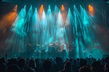 An energetic concert scene with vibrant blue light rays emanating from the stage, silhouetting the performing musicians and the enthusiastic audience - Powered by Adobe