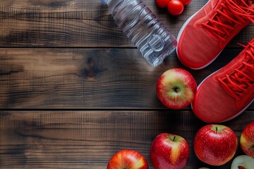 Fitness equipment and healthy food, Sneakers water apples on a wooden table, fitness background,...