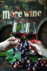 More wine. Two glasses of red wine intertwine in a festive toast, creating a moment of pure joy and celebration.
The vibrant red color of the wine contrasts with the light background, highlArte com IA