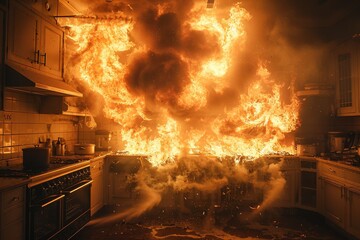 A dramatic depiction of a dangerous kitchen fire capturing the fierce and uncontrollable nature of flames engulfing the room