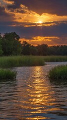Serene sunset paints sky with warm hues of orange, yellow, casting golden reflection upon calm waters of narrow river surrounded by lush greenery. Sun, partially obscured by soft clouds.