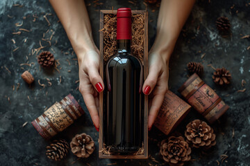 An elegant female hand holds a rustic wooden box, revealing an aged red wine inside.
Fresh, juicy purple grapes decorate the box, complementing the rich and inviting color palette.Arte com IA