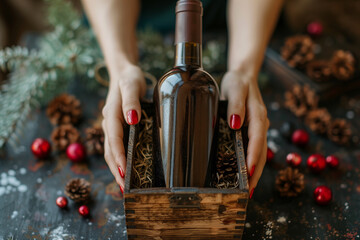 An elegant female hand holds a rustic wooden box, revealing an aged red wine inside.
Fresh, juicy purple grapes decorate the box, complementing the rich and inviting color palette.Arte com IA