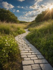 Stone path meanders through lush field, kissed by golden embrace of setting sun. Path, made of neatly arranged square stones, invites onlookers to journey of serenity, peace. On either side.