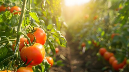 Closeup view of the field where delicious tomatoes of different varieties grow