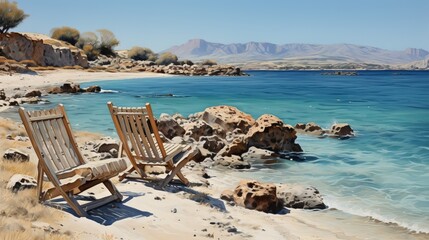 Fototapeta premium Two comfortable deck chairs by the tranquil mediterranean shore, perfect vacation destination