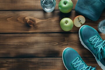 Fitness equipment and healthy food, Sneakers water apples on a wooden table, fitness background, fitness banner, gym background, gym, fitness equipment, gym equipment