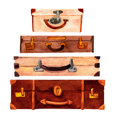 Composition of antique leather suitcases hand-painted in vintage style watercolor object isolated on a white background. Interior decor and wall art on retro themes, travel, libraries, books, museums