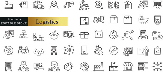 Logistics line icons set. Logistics outline icons with editable stroke collection. Includes Imports Exports, Freight, Warehouse, Custom Inspection, Supply Chain,