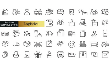 Logistics line icons set. Logistics outline icons with editable stroke collection. Includes Imports Exports, Freight, Warehouse, Custom Inspection, Supply Chain,