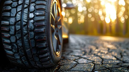 Sunny Roads Await: New Tires Ready for Summer Journeys. Concept Automotive, Tires, Summer, Travel, Adventure - obrazy, fototapety, plakaty