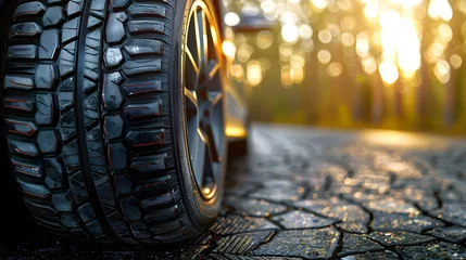 Fotobehang Sunny Roads Await: New Tires Ready for Summer Journeys. Concept Automotive, Tires, Summer, Travel, Adventure © Ян Заболотний