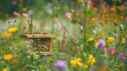 Closeup of a buzzing beehive surrounded by colorful wildflowers and crops pollinated by the busy bees. This natural pest control od supports the organic farming practices. . - obrazy, fototapety, plakaty