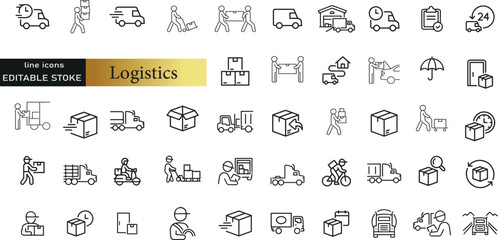 Logistics line icons set. Logistics outline icons with editable stroke collection. Includes Imports Exports, Freight, Warehouse, Custom Inspection, Supply Chain,