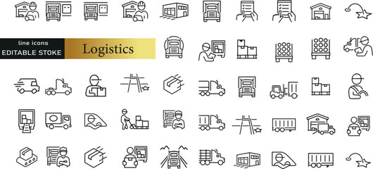 Logistics line icons set. Logistics outline icons with editable stroke collection. Includes Imports Exports, Freight, Warehouse, Custom Inspection, Supply Chain,