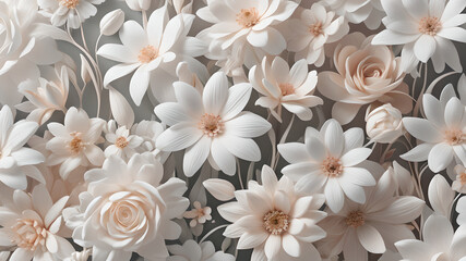 Illustration of delicate flowers in white and pale colors, wedding decoration, important event, background, wallpaper.