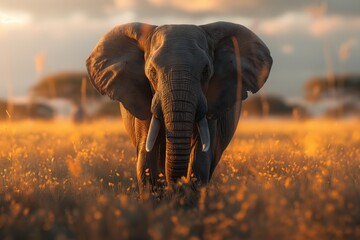 wild africa, sunset in africa, desert trees, sunset and sunlight. elephant walks in nature. African...