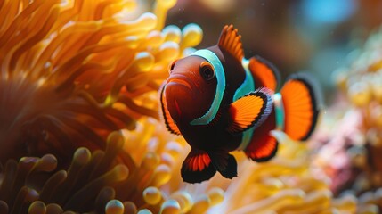 Beautiful orange anemone fish swimming near anemone plant in undersea scene. AI generated image