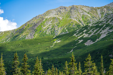 Summer mountain panorama from Hala Gasienicowa. View to Zolta Turnia mountain, blue cloudless sky