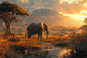 wild africa, sunset in africa, desert trees, sunset and sunlight. elephant walks in nature. African...