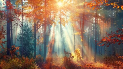 Obraz na płótnie Canvas Beautiful autumn forest with sun rays of nature scenery. AI generated