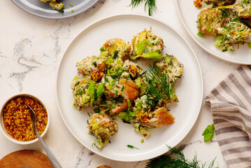 Potato salad with smoked mackerel and celery.top veiw.