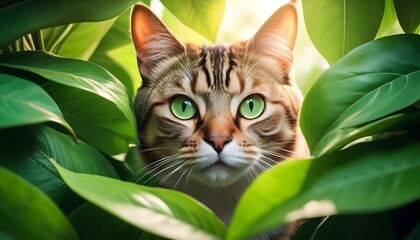  cat peering through large, vibrant green leaves  - Powered by Adobe