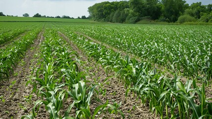 Naklejka premium Lush Green Cornfield With Rows of Young Plants Under a Cloudy Sky