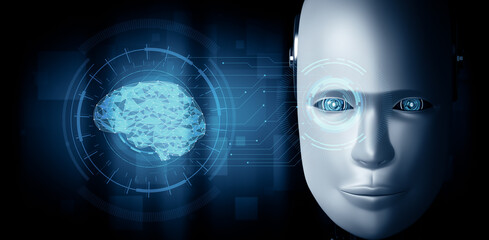 XAI 3d illustration Robot humanoid face close up with graphic concept of AI thinking brain , artificial intelligence and machine learning process for the 4th fourth industrial revolution. 3D rendering