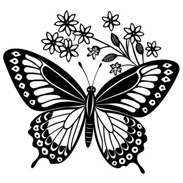 Butterfly and little flowers vector silhouette 