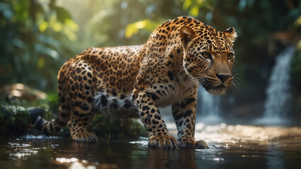 Obraz premium tropical waterfall in the jungle, leopard drinks water from the shore