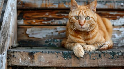 Portrait a tabby ginger cat pet animal sitting on wooden steps in home outdoor. AI generated image