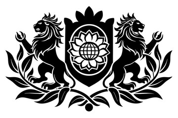 create a logo for a massage parlor with a graphic sign of a floral ornament where plants are intertwined in different images, in a minimalistic style and two heraldry lions with a gear in the middle