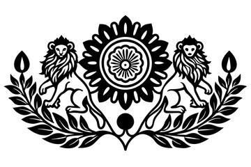 create a logo for a massage parlor with a graphic sign of a floral ornament where plants are intertwined in different images, in a minimalistic style and two heraldry lions with a gear in the middle