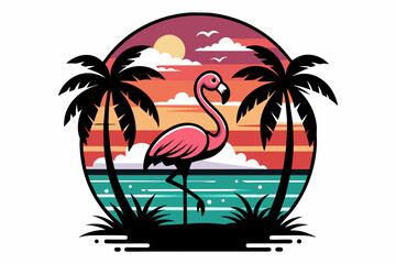 Fototapeta na wymiar Vector t-shirt design, vector art with black outlines, a cute pink flamingo with palm trees and a sunset, with a small beach in reflection illustration, white background