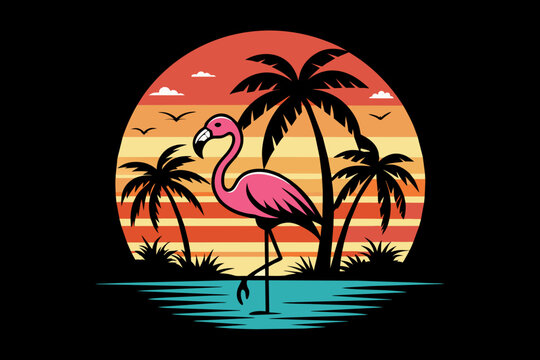 Vector t-shirt design, vector art with black outlines, a cute pink flamingo with palm trees and a sunset, with a small beach in reflection illustration, white background