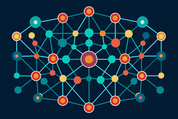 A neural network diagram with interconnected nodes and pathways