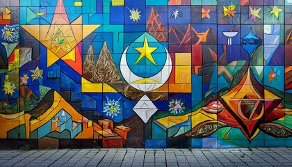 A vibrant mural depicting the peaceful coexistence of multiple religions, with symbols like the cross, crescent, Om, and Star of David intertwined in harmony. A mural of unity. Artistic expression