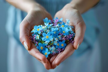 A woman's hands holding blue and turquoise flowers in the shape of a heart. This stock photo shows a beautiful woman holding out her palms with a bouquet of wildflowers in their palm