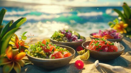 Tropical Beachside Poke Bowls with Fresh Ingredients - obrazy, fototapety, plakaty