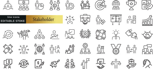 Stakeholder line icons set. Stakeholder outline icons with editable stroke collection. Includes Project, Growth, Investor, Report, Presentation