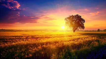 Beautiful spring field view at sunset scene view background. AI generated image - obrazy, fototapety, plakaty