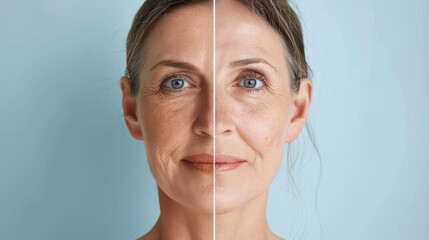 Before and after: aging and rejuvenation. Woman with the problem and clean skin. Beauty treatment and lifting.