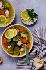 Vegetable soup with baked chicken and lemon .top veiw .style hugge - 787498379